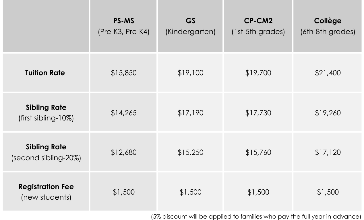 Tuition fee grid for Austin International School showing costs for different grade levels and payment options.